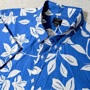 NEW J.Crew Button Down Men XXL Blue Floral Leaf Flex Washed Stretch Short Sleeve
